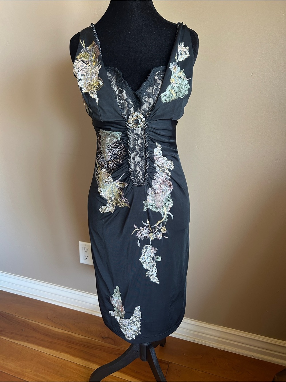 Black Embroidered V‑Neck Midi Dress with Lace Trim (looks like Mandalay )